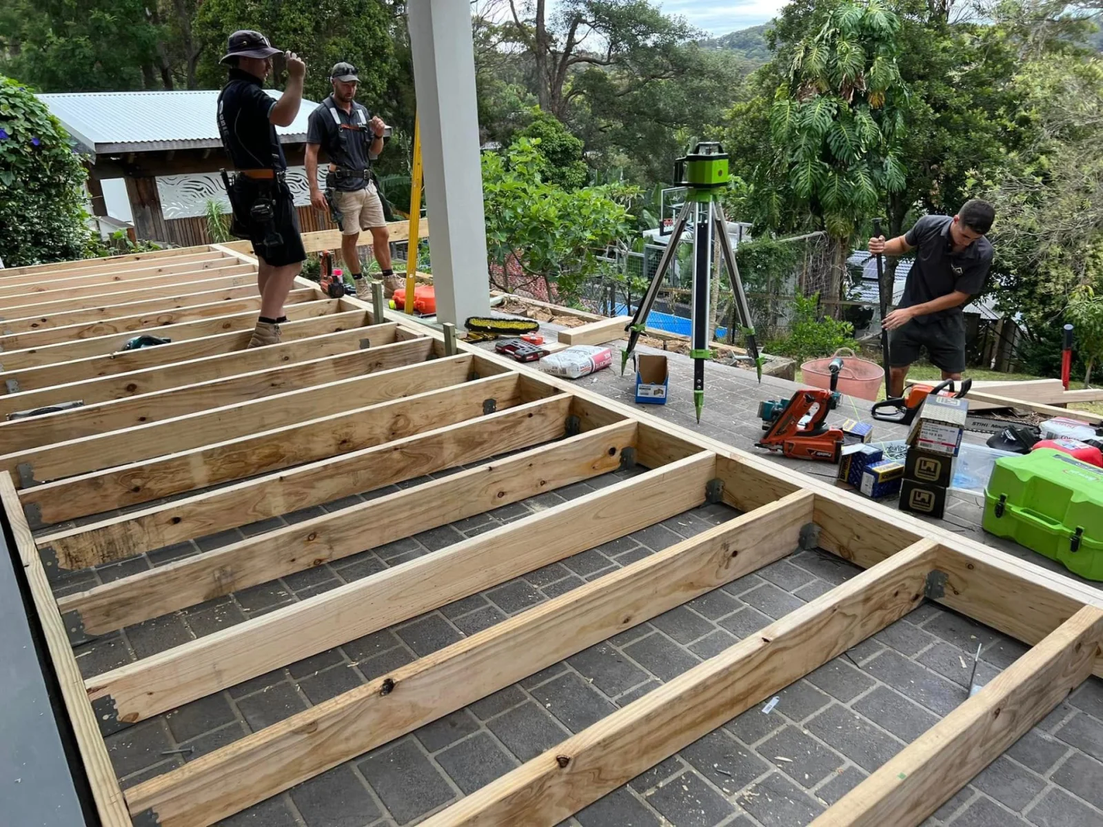 Decks of Distinction team building a timber deck frame on the Central Coast